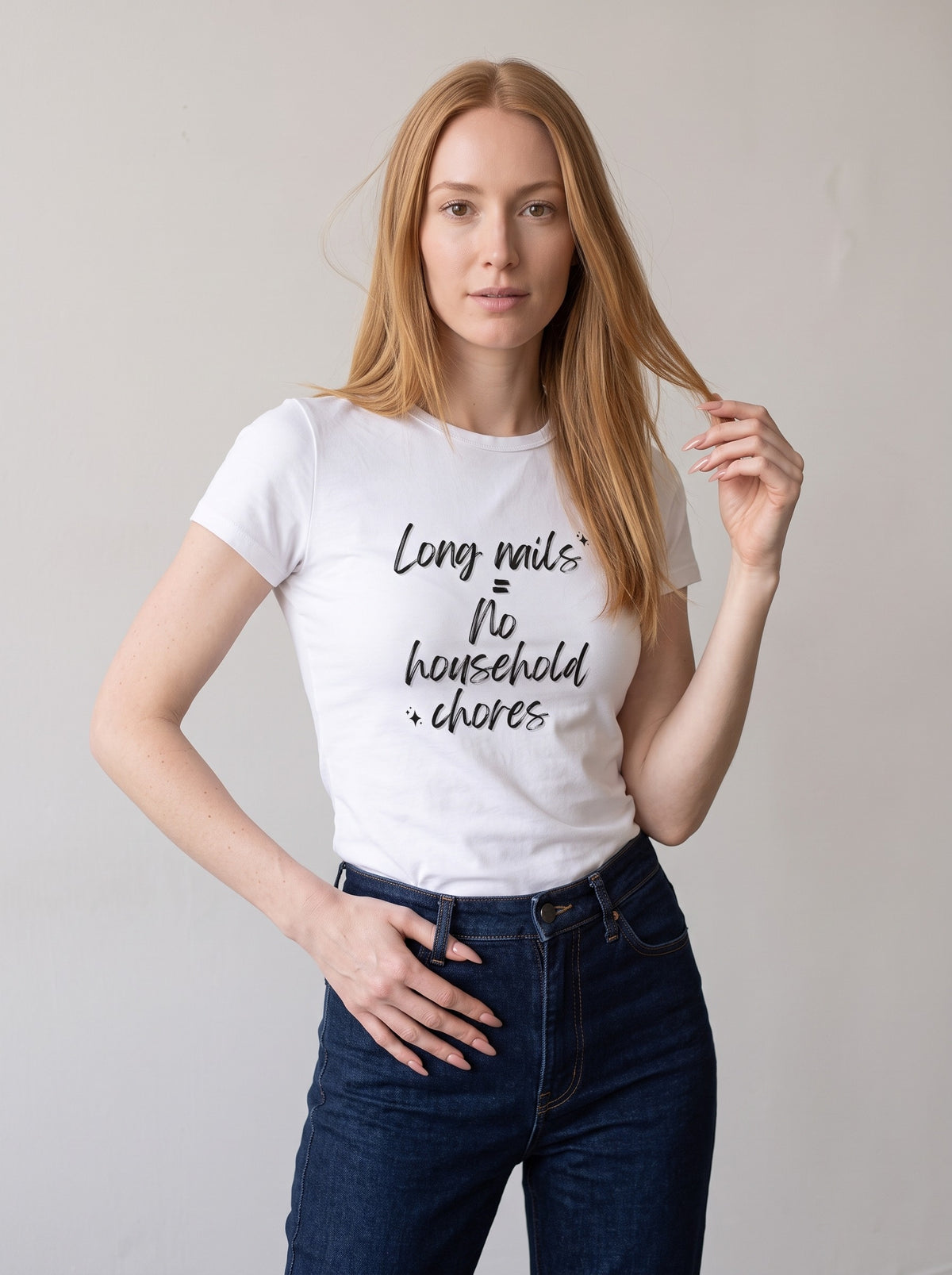 Long Nails = No Household Chores tee in White — three-quarter view [kk-studio]