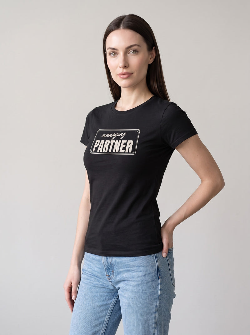 Managing Partner tee in Black — three-quarter view [kk-studio]