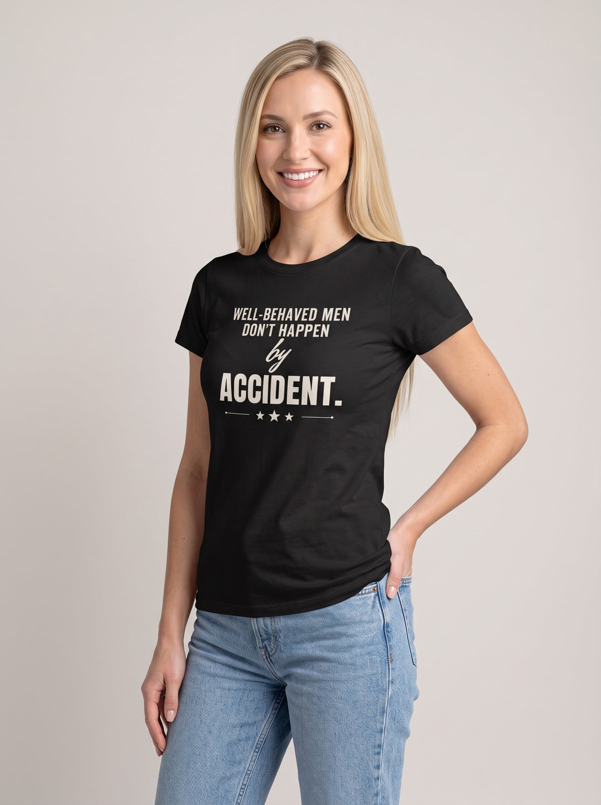 Well-Behaved Men Don't Happen by Accident tee in Black — three-quarter view [kk-studio]