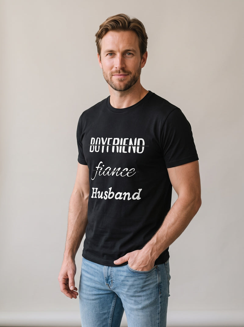 Boyfriend, Fiance, Husband tee in Black — three-quarter view [kk-studio]