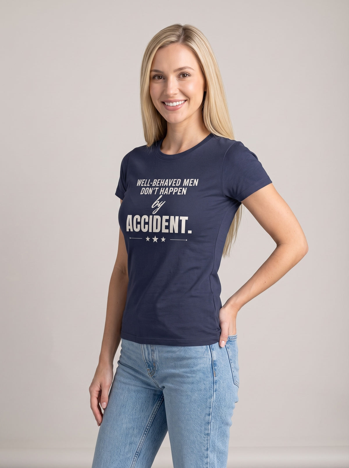 Well-Behaved Men Don't Happen by Accident tee in Navy — three-quarter view [kk-studio]