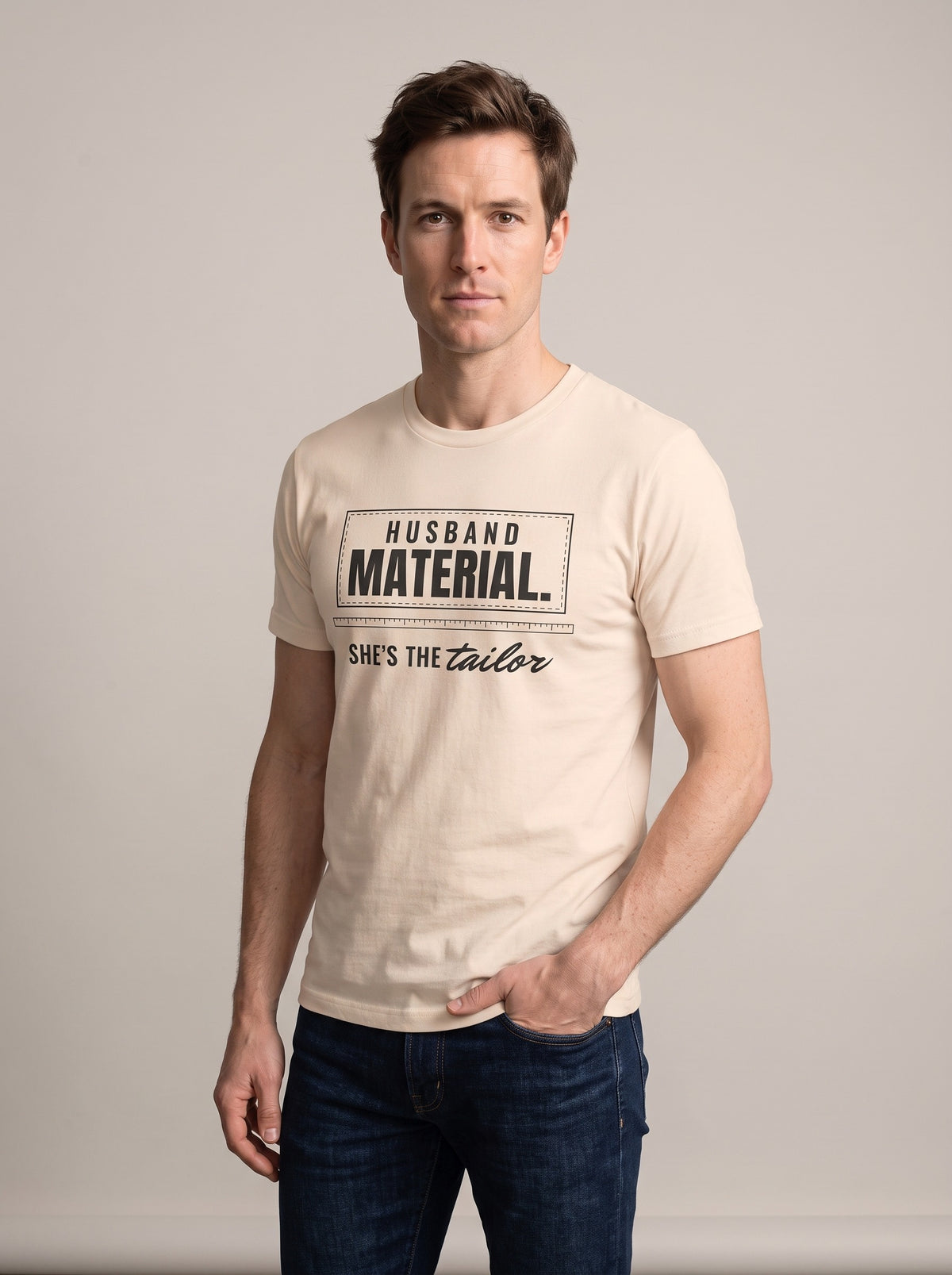 Husband Material. She's the Tailor. tee in Soft Cream — three-quarter view [kk-studio]
