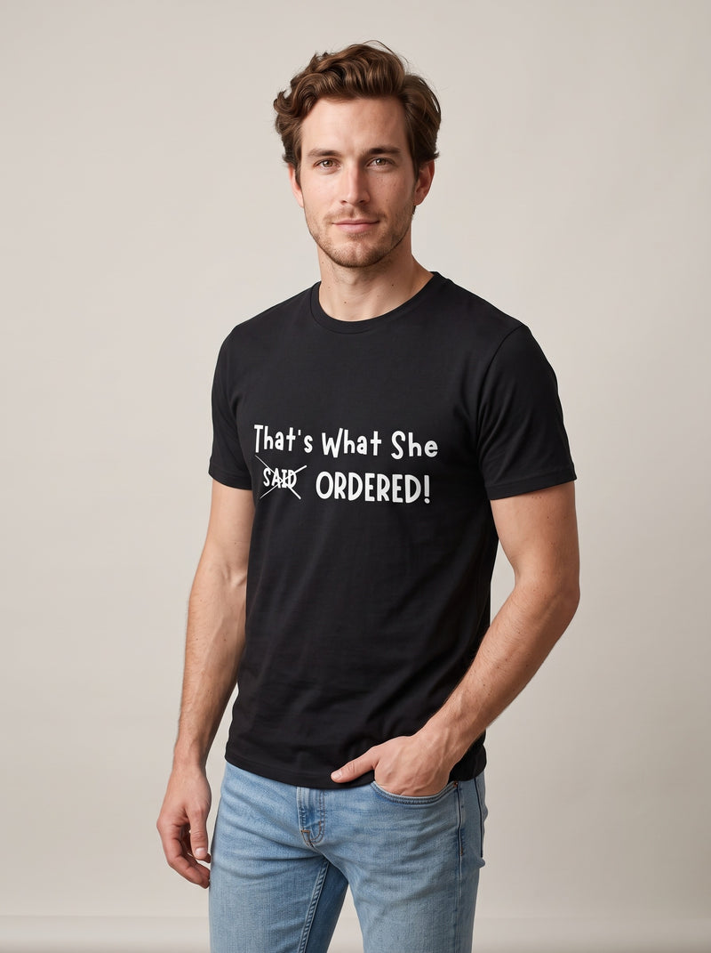 That's What She Ordered tee in Black — three-quarter view [kk-studio]