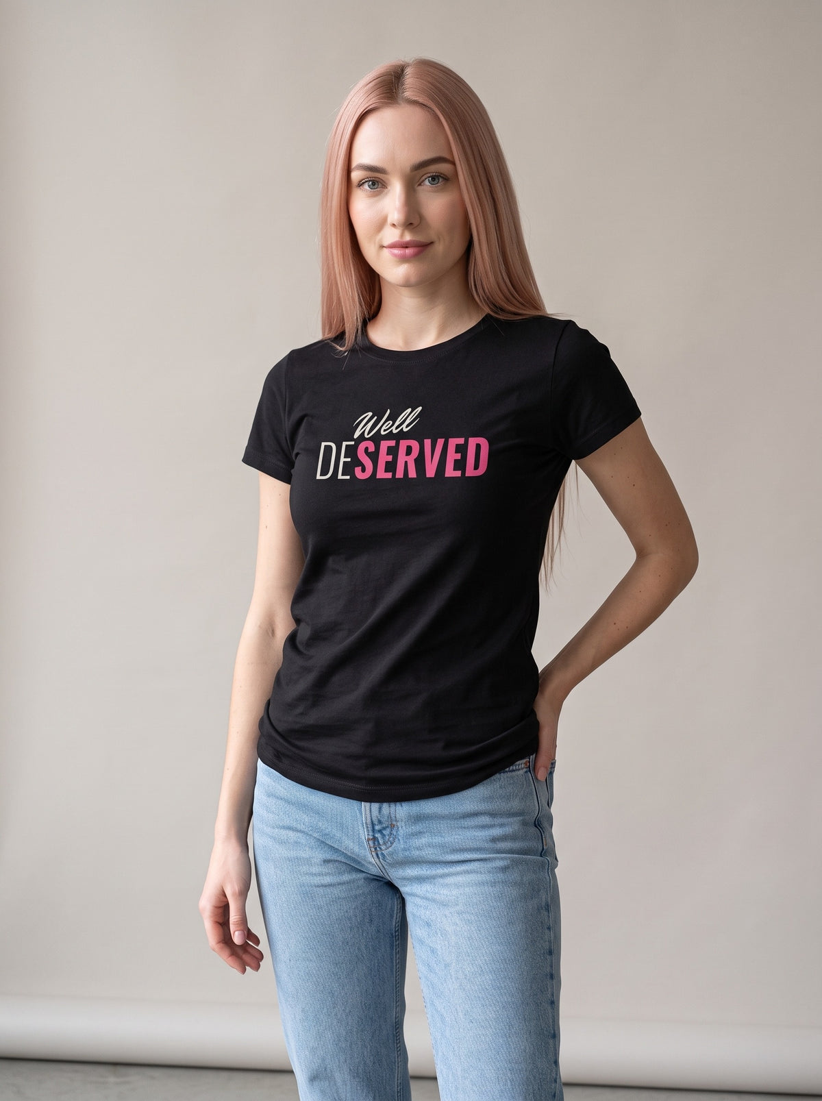 Well Deserved tee in Black — three-quarter view [kk-studio]
