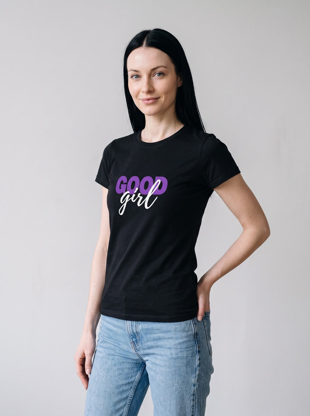 Good Girl tee in Black — three-quarter view [kk-studio]