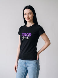 Good Girl tee in Black — three-quarter view [kk-studio]