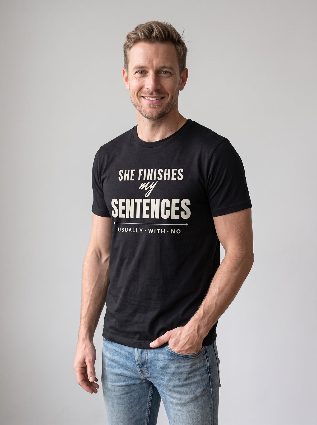 She Finishes My Sentences tee in Black — three-quarter view [kk-studio]
