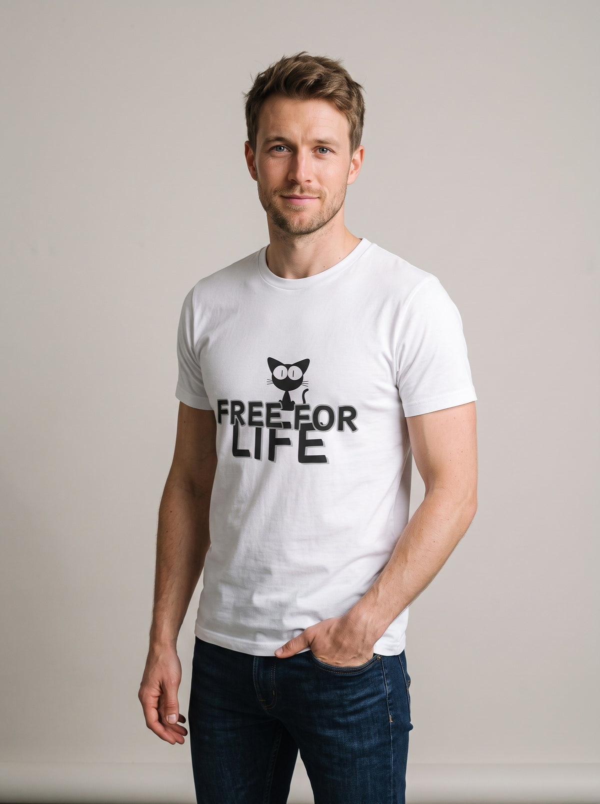 Free For Life tee in White — three-quarter view [kk-studio]