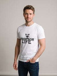 Free For Life tee in White — three-quarter view [kk-studio]