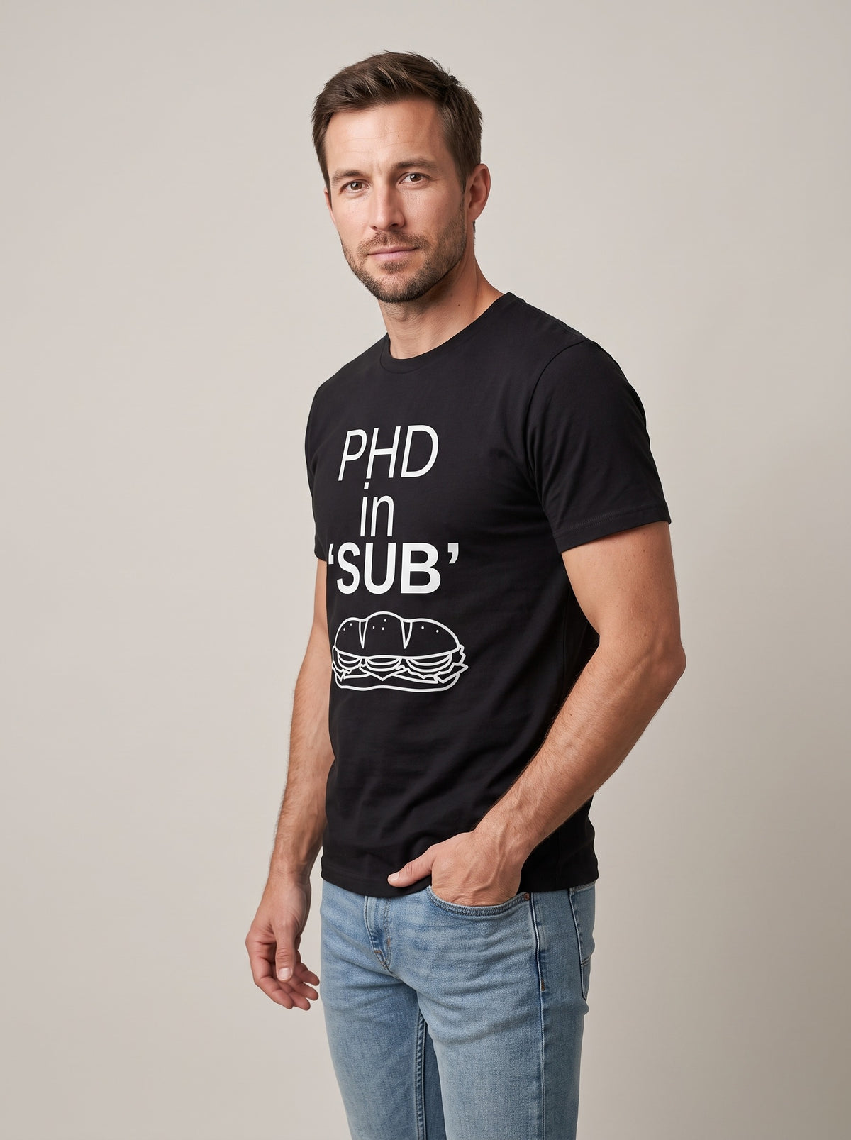 PhD in Sub tee in Black — three-quarter view [kk-studio]