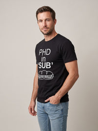 PhD in Sub tee in Black — three-quarter view [kk-studio]