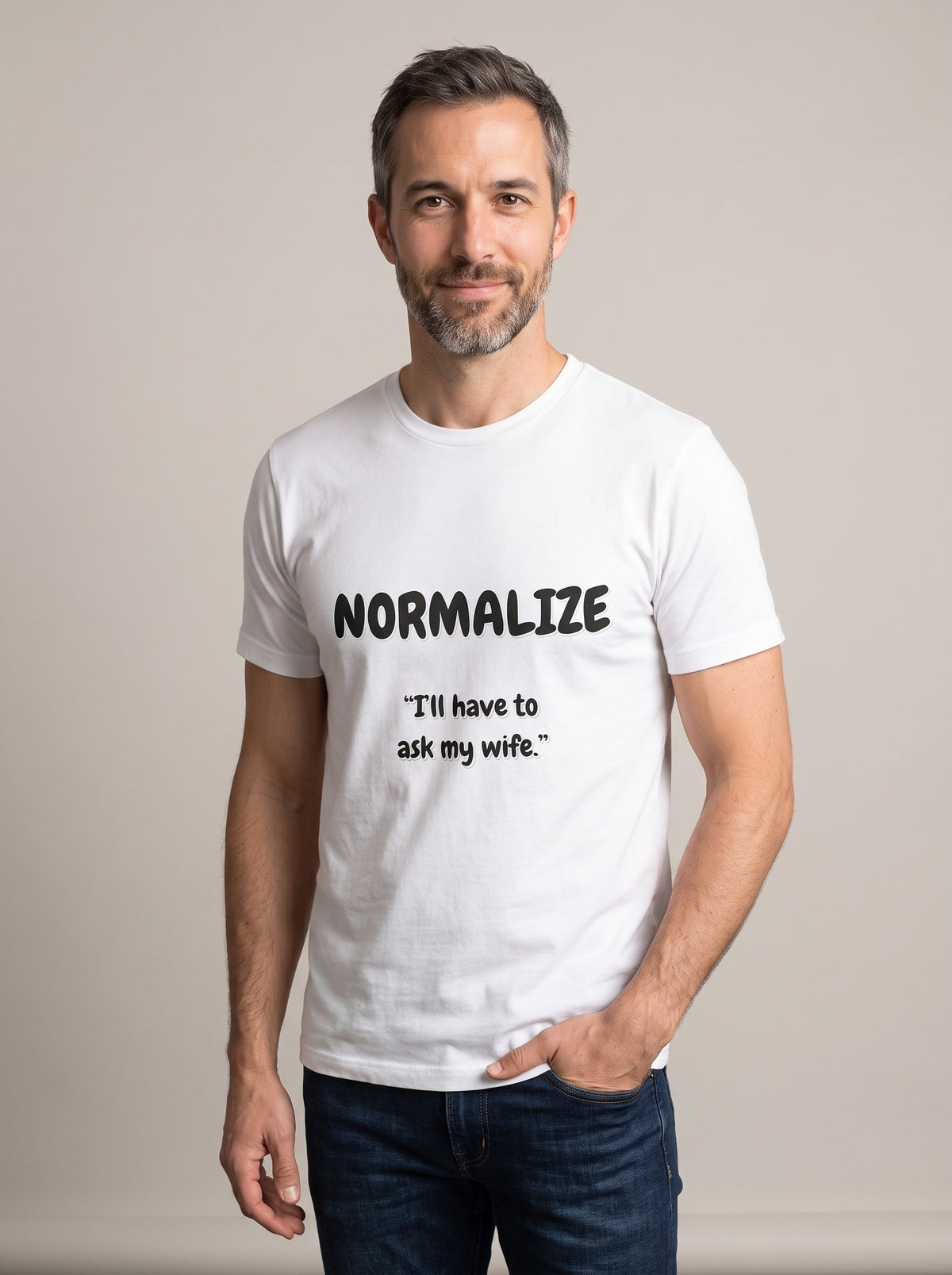 I'll Have to Ask My Wife tee in White — three-quarter view [kk-studio]