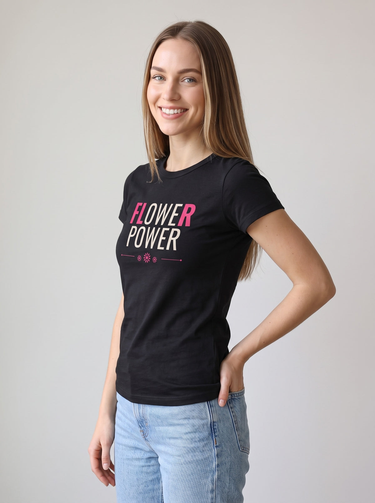 Flower Power tee in Black — three-quarter view [kk-studio]