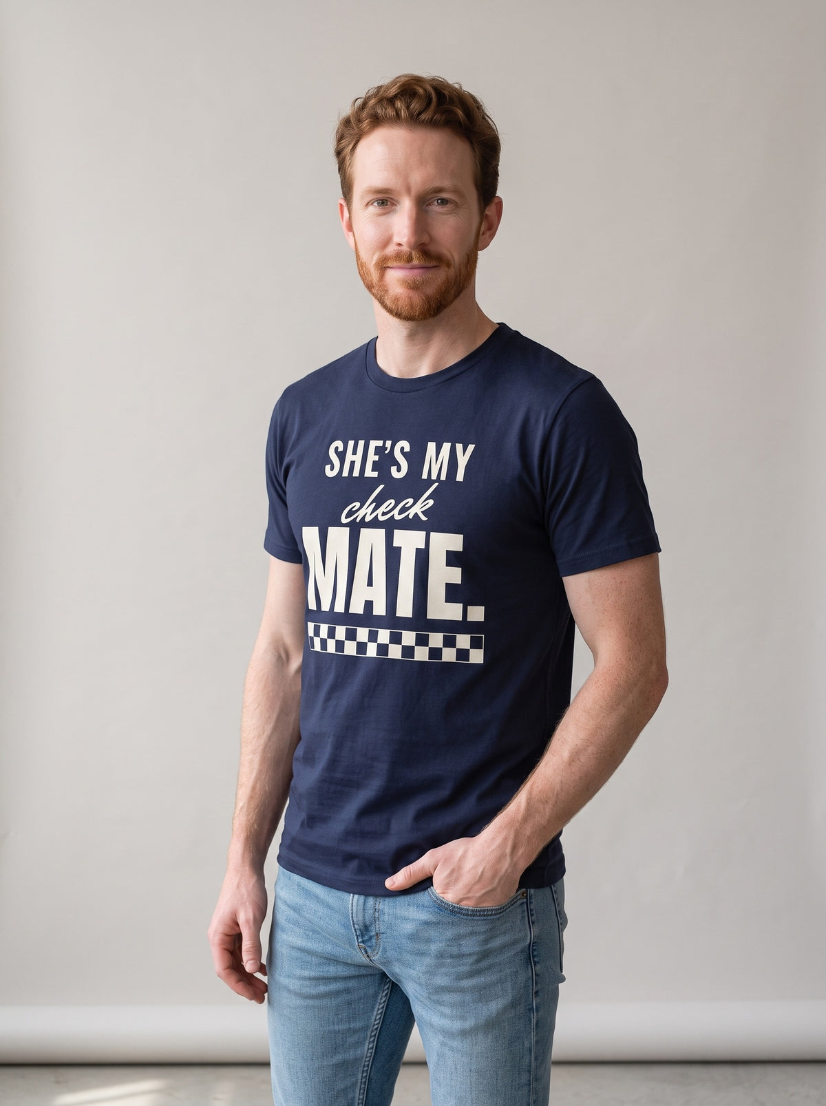 She's My Checkmate tee in Navy — three-quarter view [kk-studio]