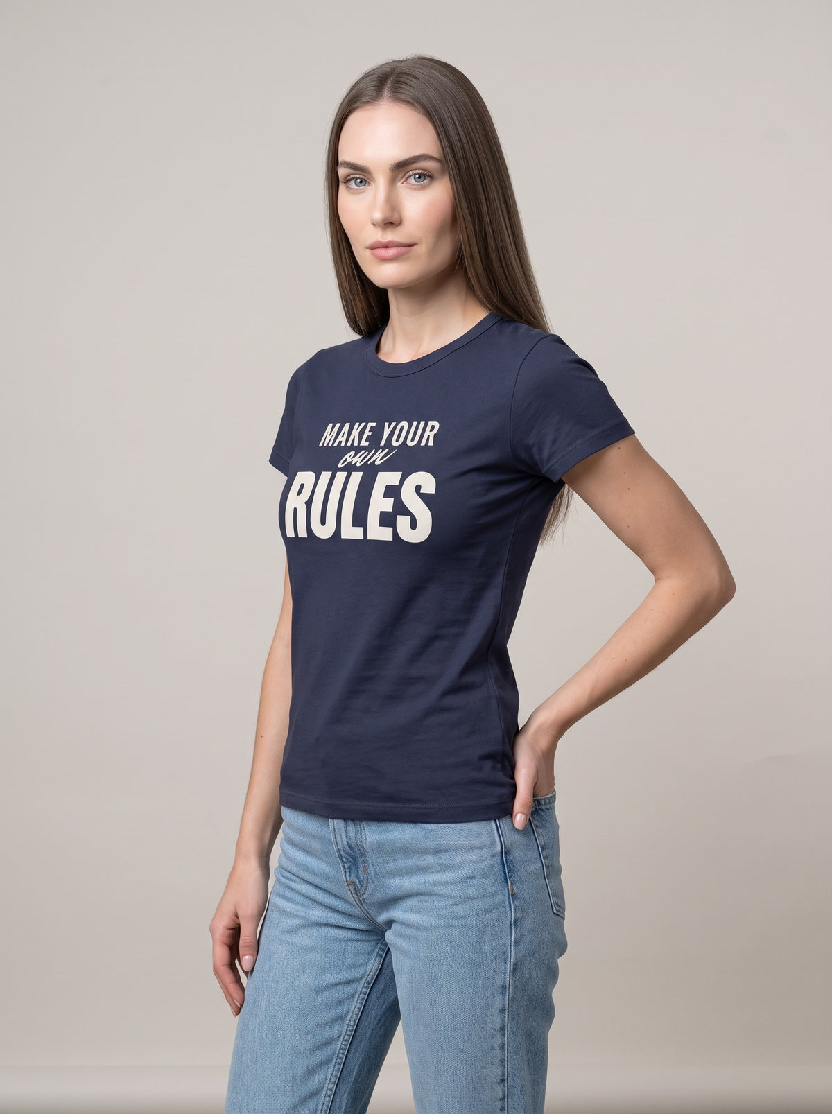 Make Your Own Rules tee in Navy — three-quarter view [kk-studio]