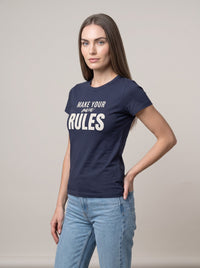 Make Your Own Rules tee in Navy — three-quarter view [kk-studio]
