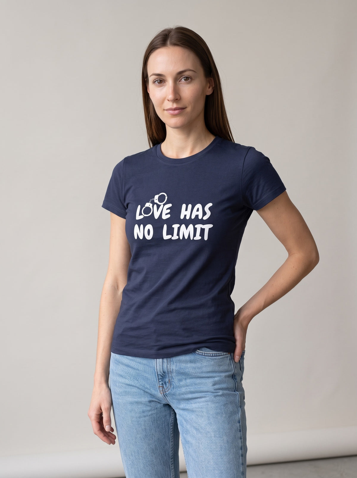 Love Has No Limit (Hers) tee in Navy — three-quarter view [kk-studio]