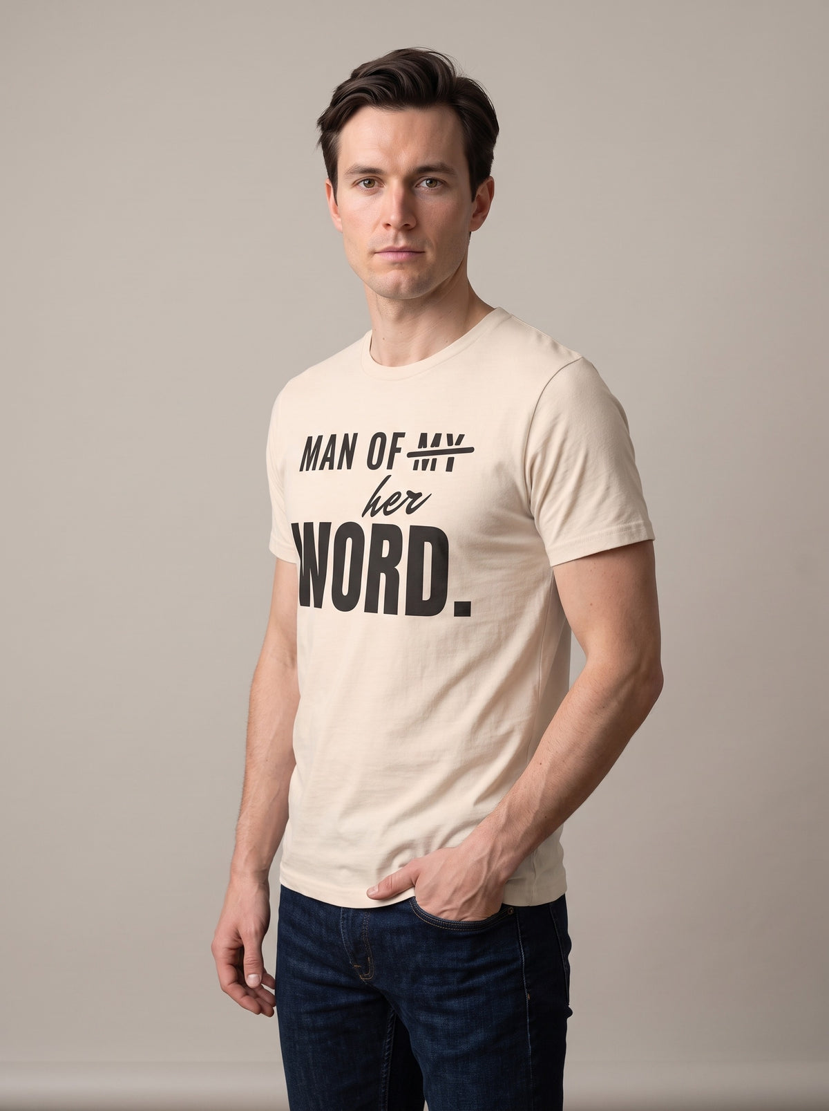 Man of Her Word tee in Soft Cream — three-quarter view [kk-studio]