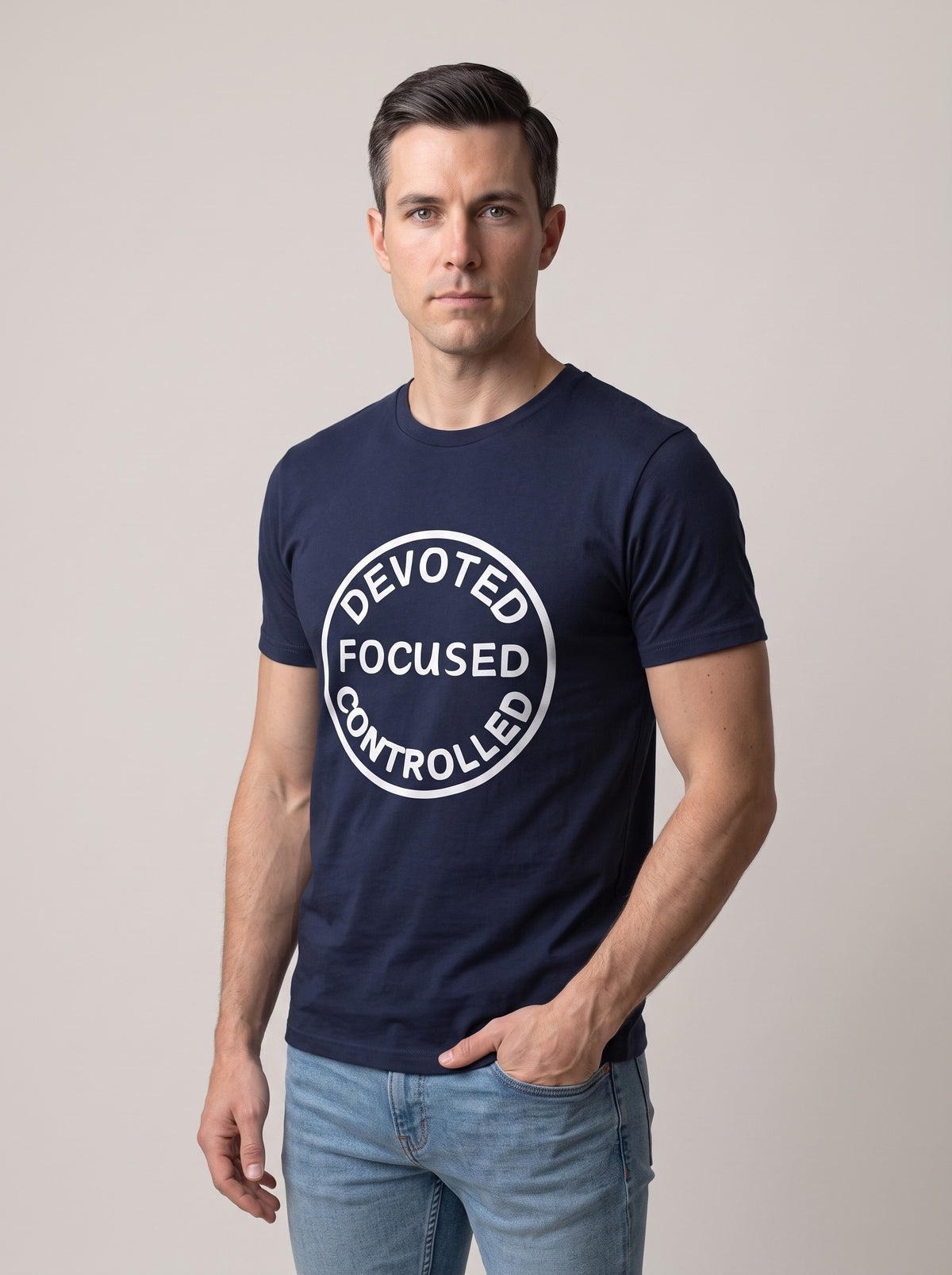 Devoted, Focused, Controlled tee in Navy — three-quarter view [kk-studio]