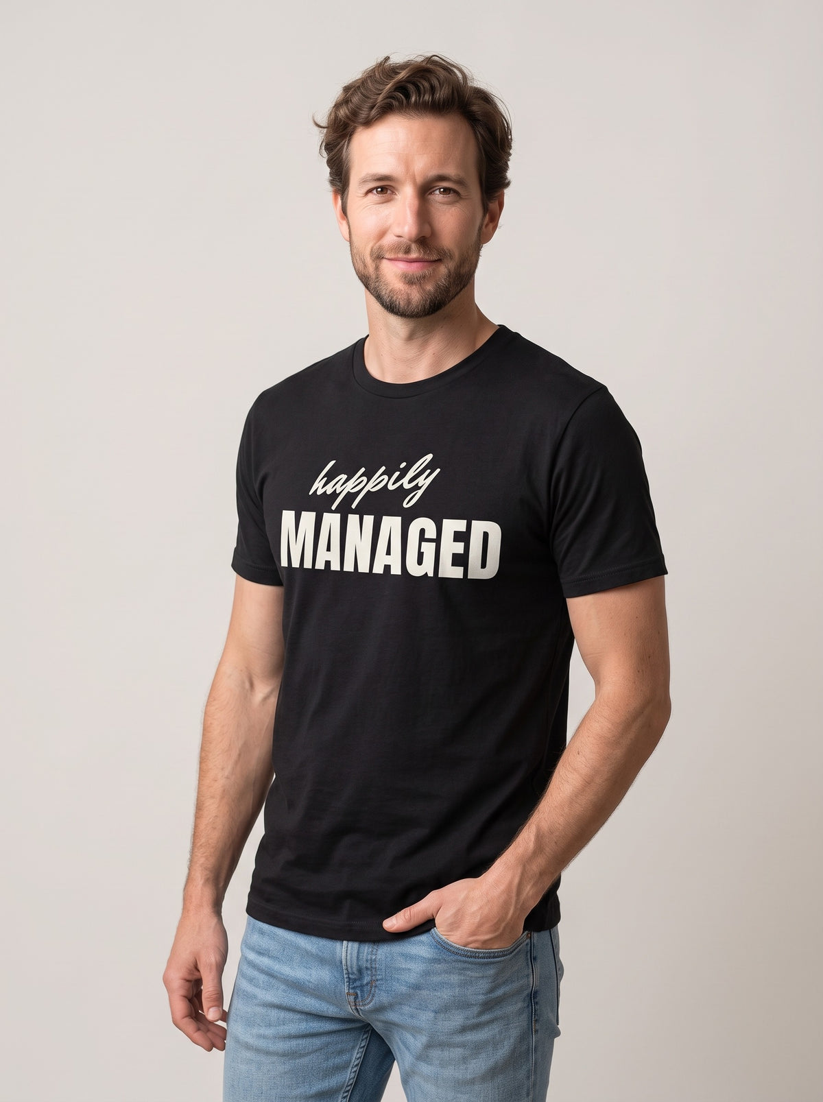 Happily Managed tee in Black — three-quarter view [kk-studio]