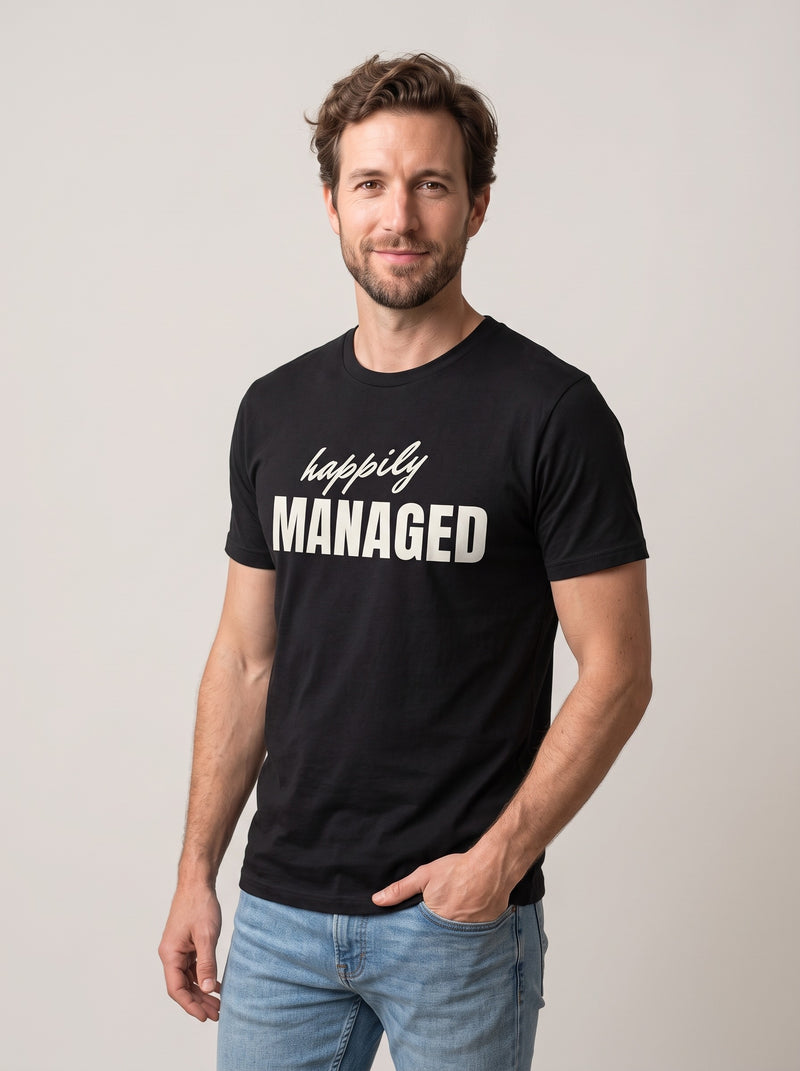 Happily Managed tee in Black — three-quarter view [kk-studio]