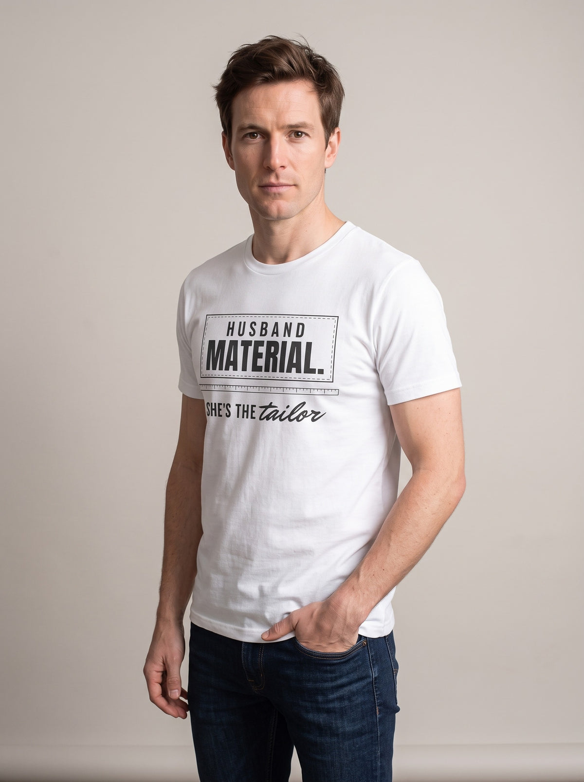 Husband Material. She's the Tailor. tee in White — three-quarter view [kk-studio]