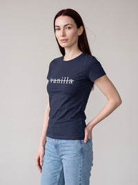 Not Vanilla tee in Navy — three-quarter view [kk-studio]