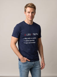 2 Lies, 1 Truth tee in Navy — three-quarter view [kk-studio]
