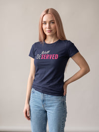 Well Deserved tee in Navy — three-quarter view [kk-studio]