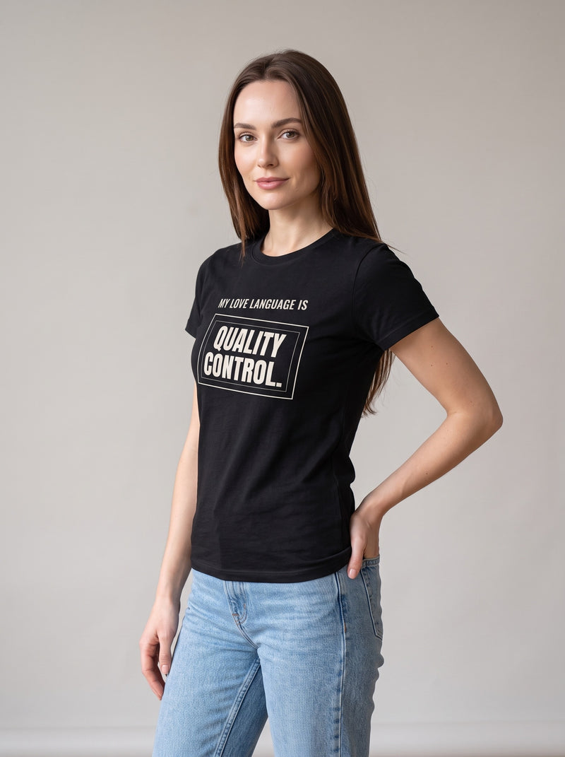 My Love Language Is Quality Control tee in Black — three-quarter view [kk-studio]