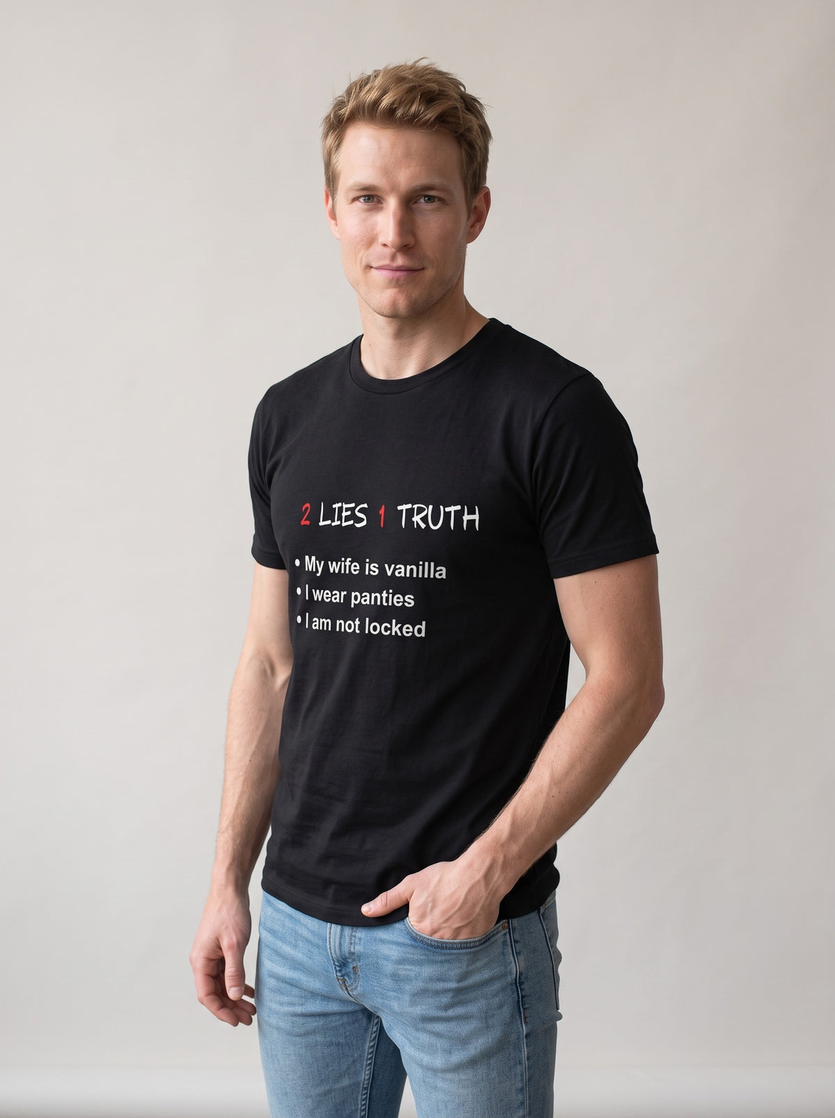 2 Lies, 1 Truth tee in Black — three-quarter view [kk-studio]