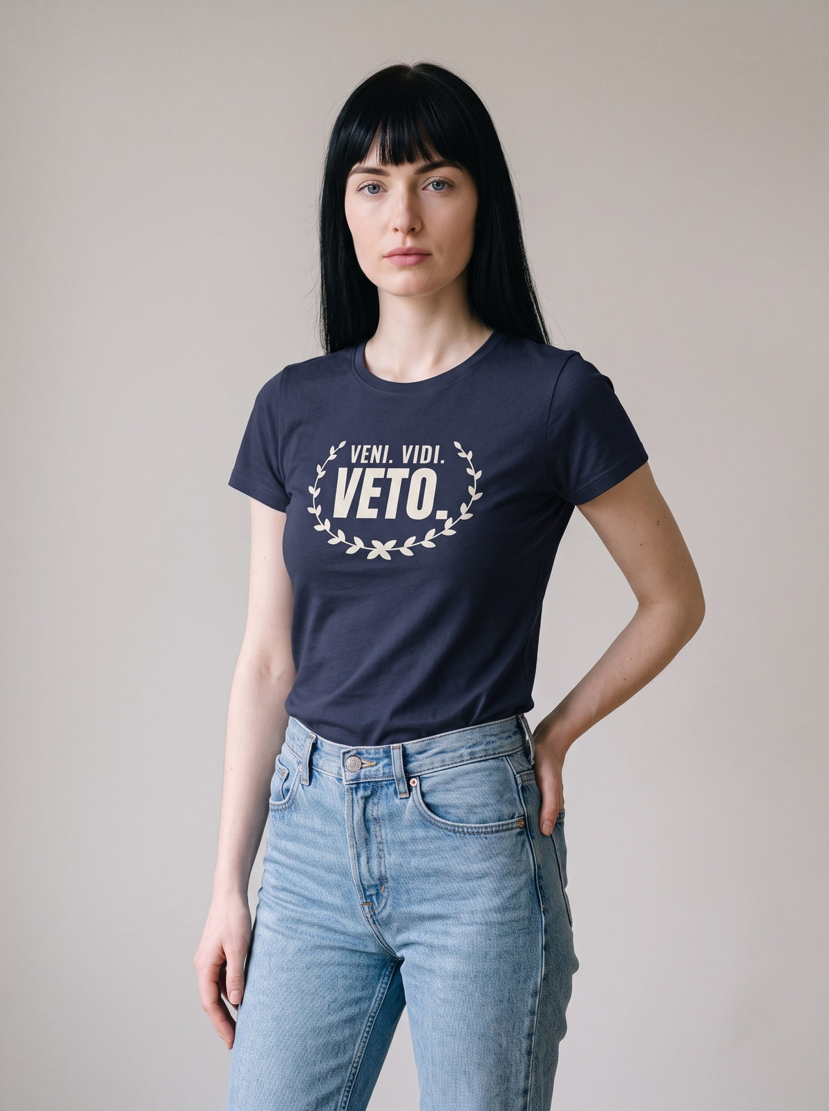 Veni. Vidi. Veto. tee in Navy — three-quarter view [kk-studio]