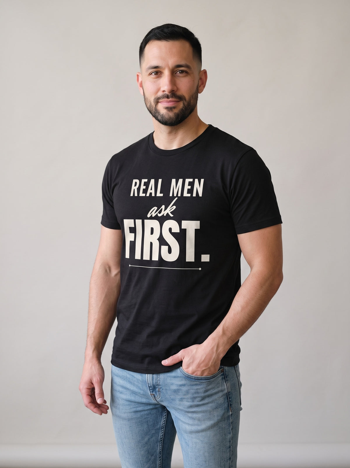 Real Men Ask First tee in Black — three-quarter view [kk-studio]