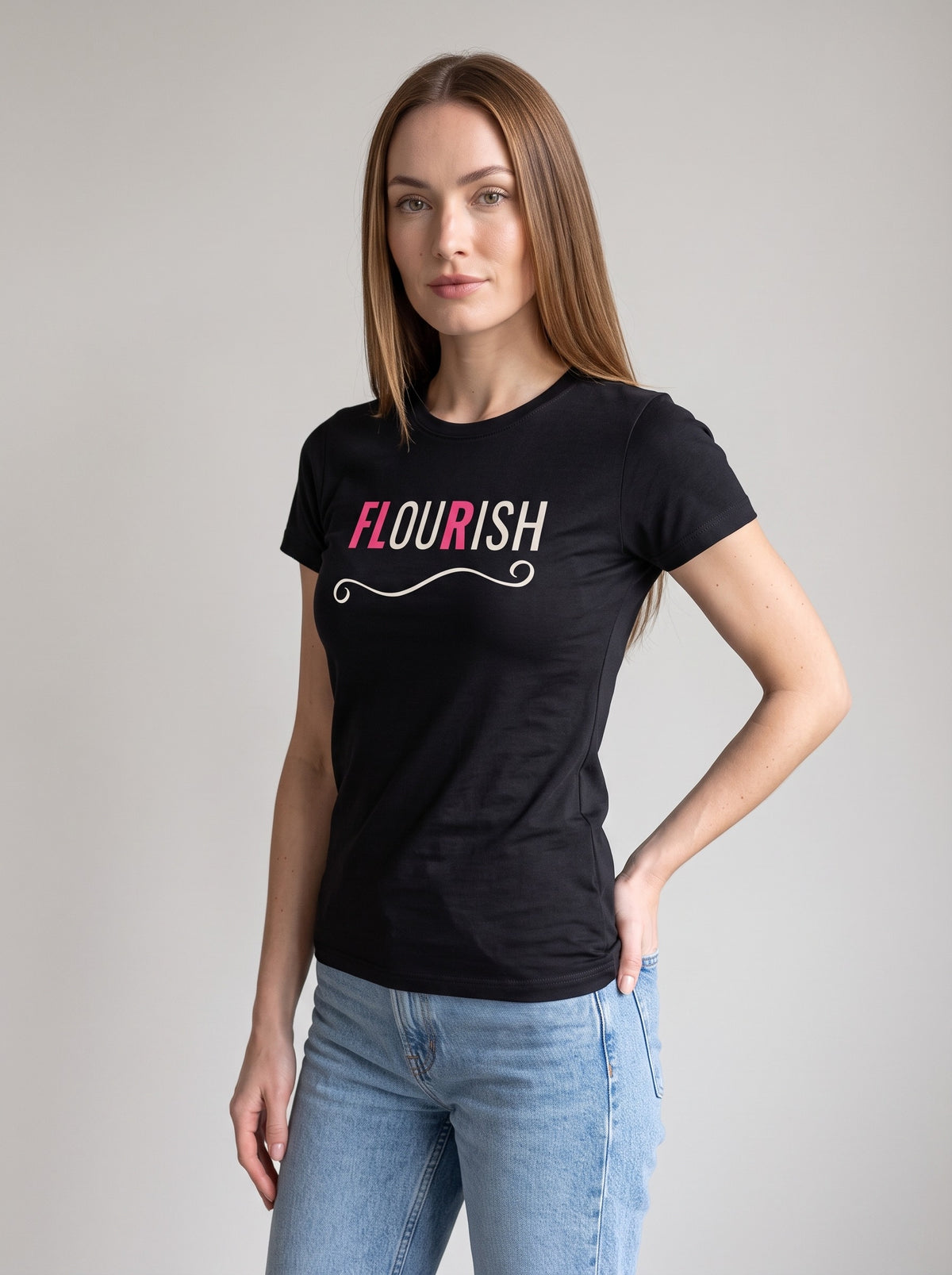 Flourish tee in Black — three-quarter view [kk-studio]