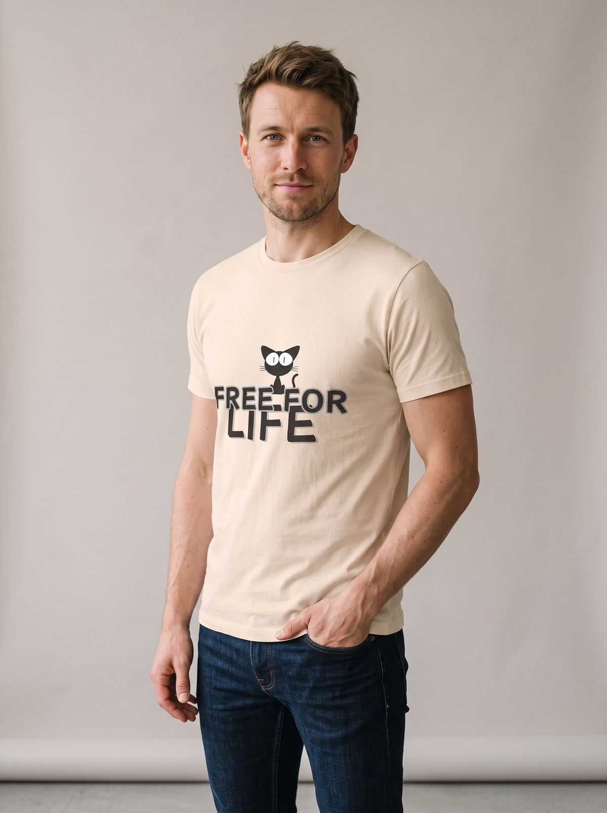 Free For Life tee in Soft Cream — three-quarter view [kk-studio]