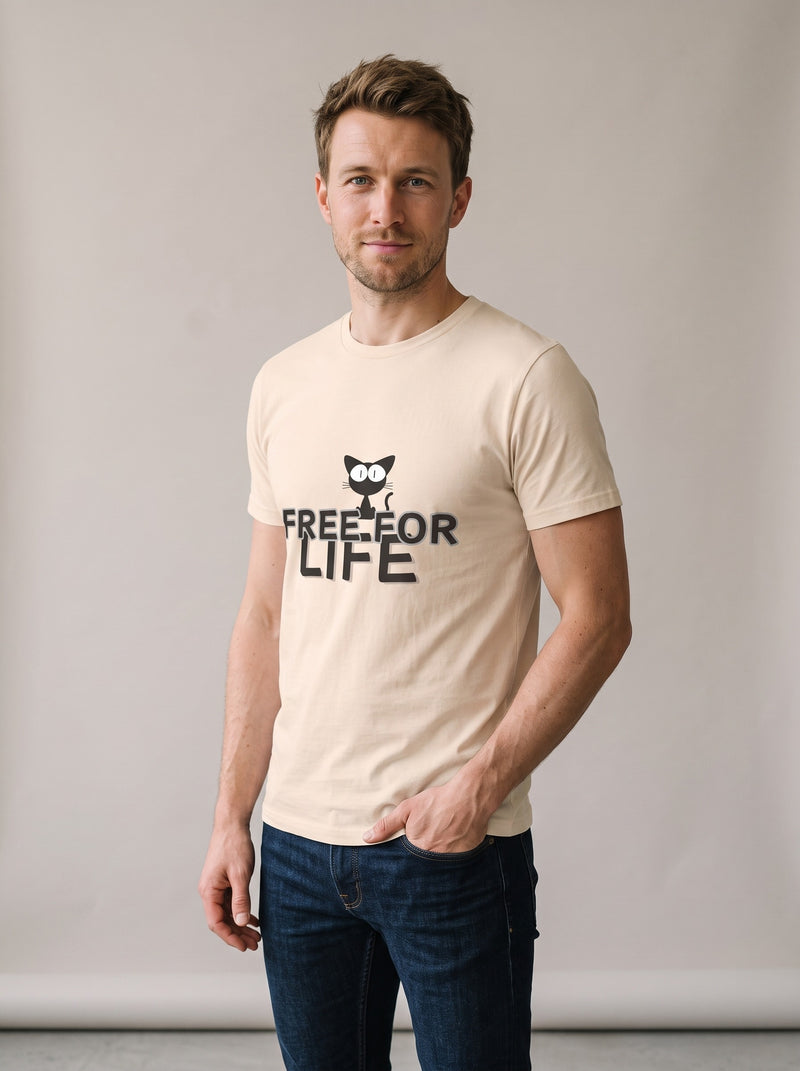 Free For Life tee in Soft Cream — three-quarter view [kk-studio]