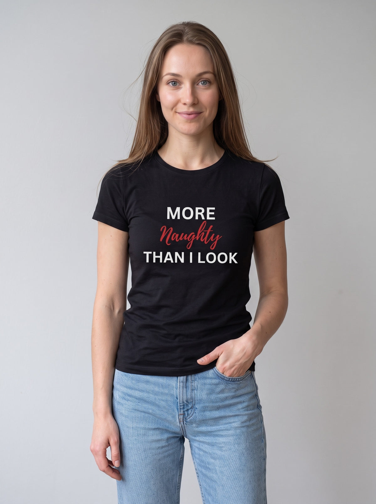 More Naughty Than I Look tee in Black — three-quarter view [kk-studio]