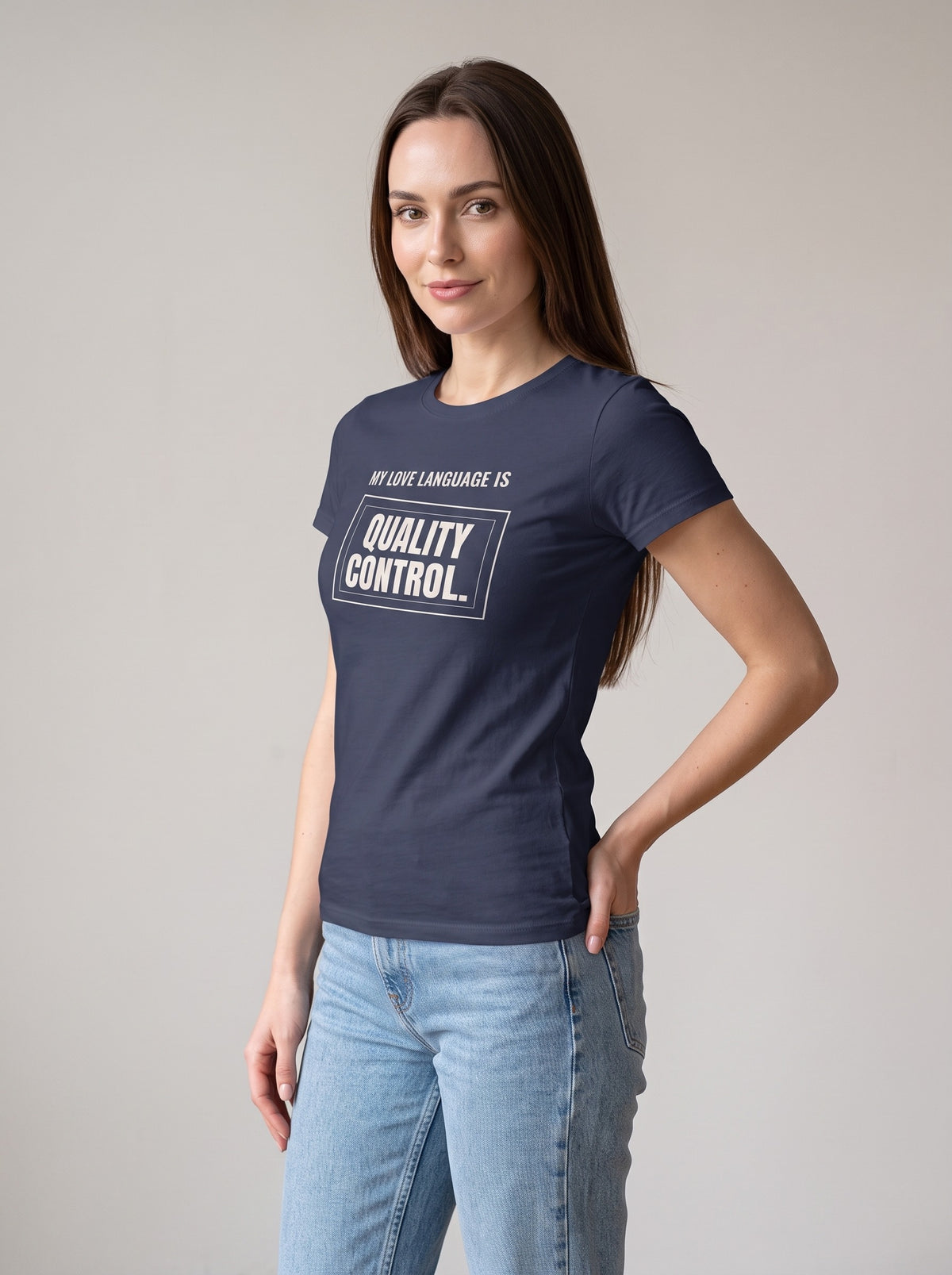 My Love Language Is Quality Control tee in Navy — three-quarter view [kk-studio]