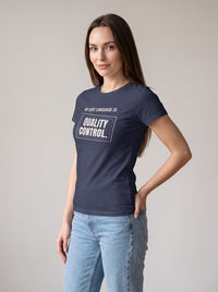 My Love Language Is Quality Control tee in Navy — three-quarter view [kk-studio]