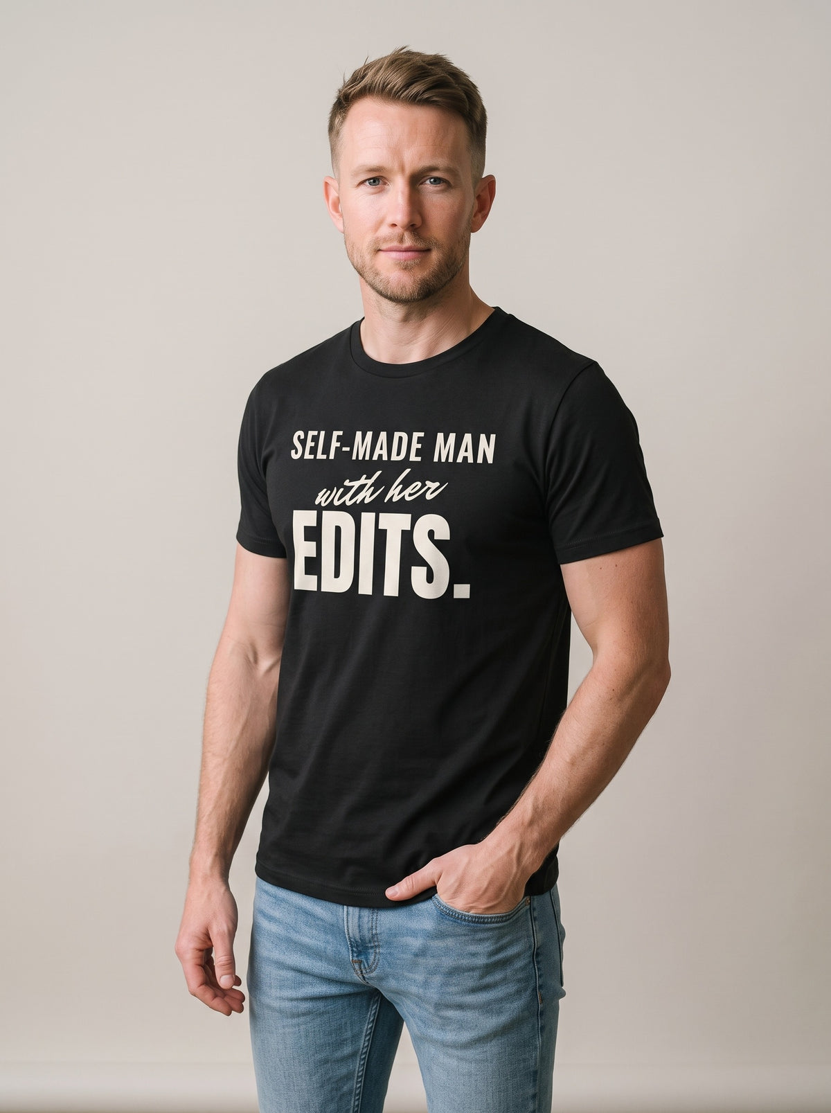 Self-Made Man With Her Edits tee in Black — three-quarter view [kk-studio]