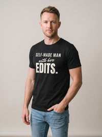 Self-Made Man With Her Edits tee in Black — three-quarter view [kk-studio]