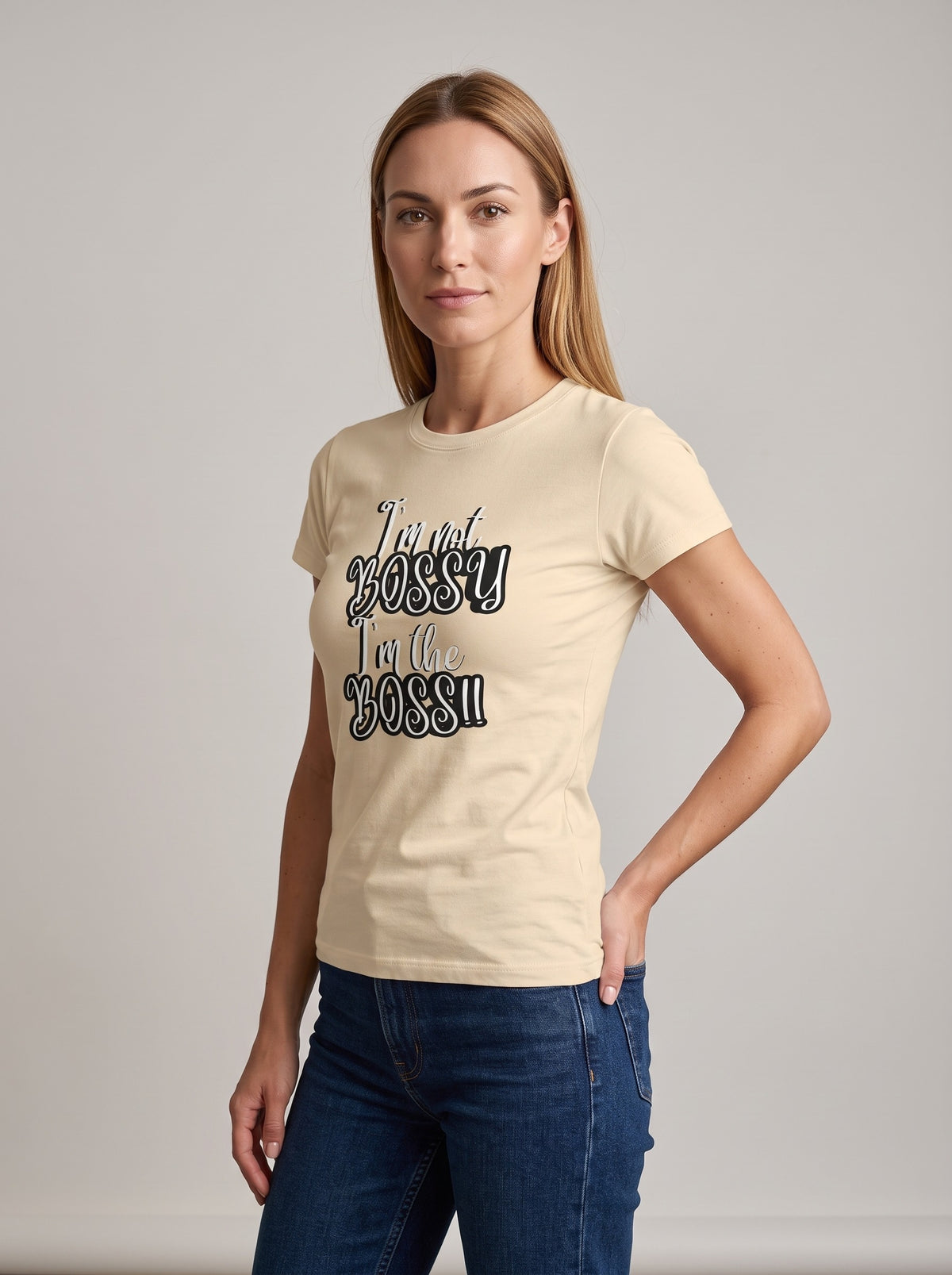 I Am the Boss tee in Soft Cream — three-quarter view [kk-studio]
