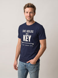 She Holds the Key tee in Navy — three-quarter view [kk-studio]