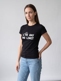 Love Has No Limit (Hers) tee in Black — three-quarter view [kk-studio]
