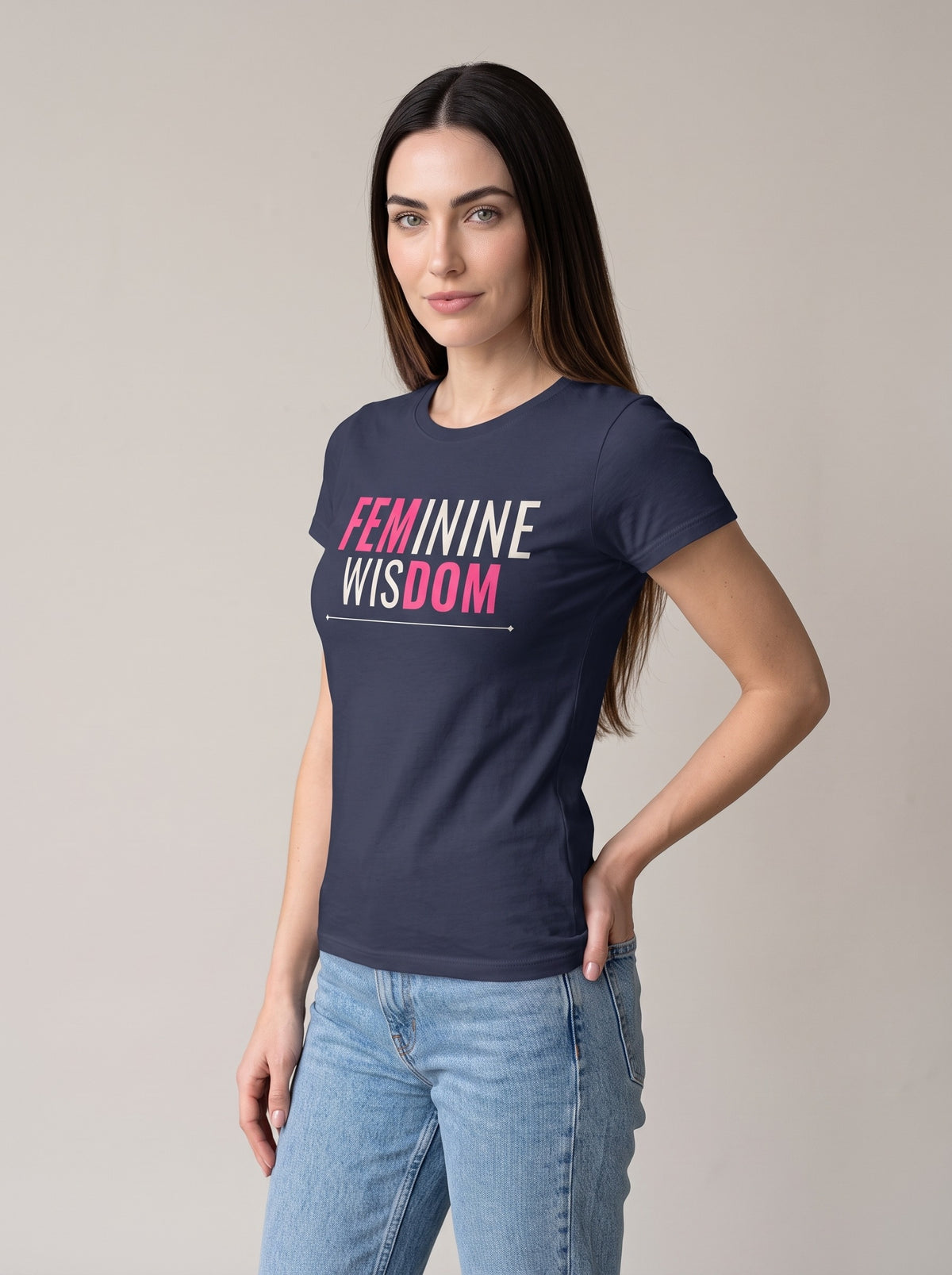 Feminine Wisdom tee in Navy — three-quarter view [kk-studio]