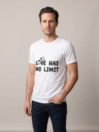 Love Has No Limit (His) tee in White — three-quarter view [kk-studio]