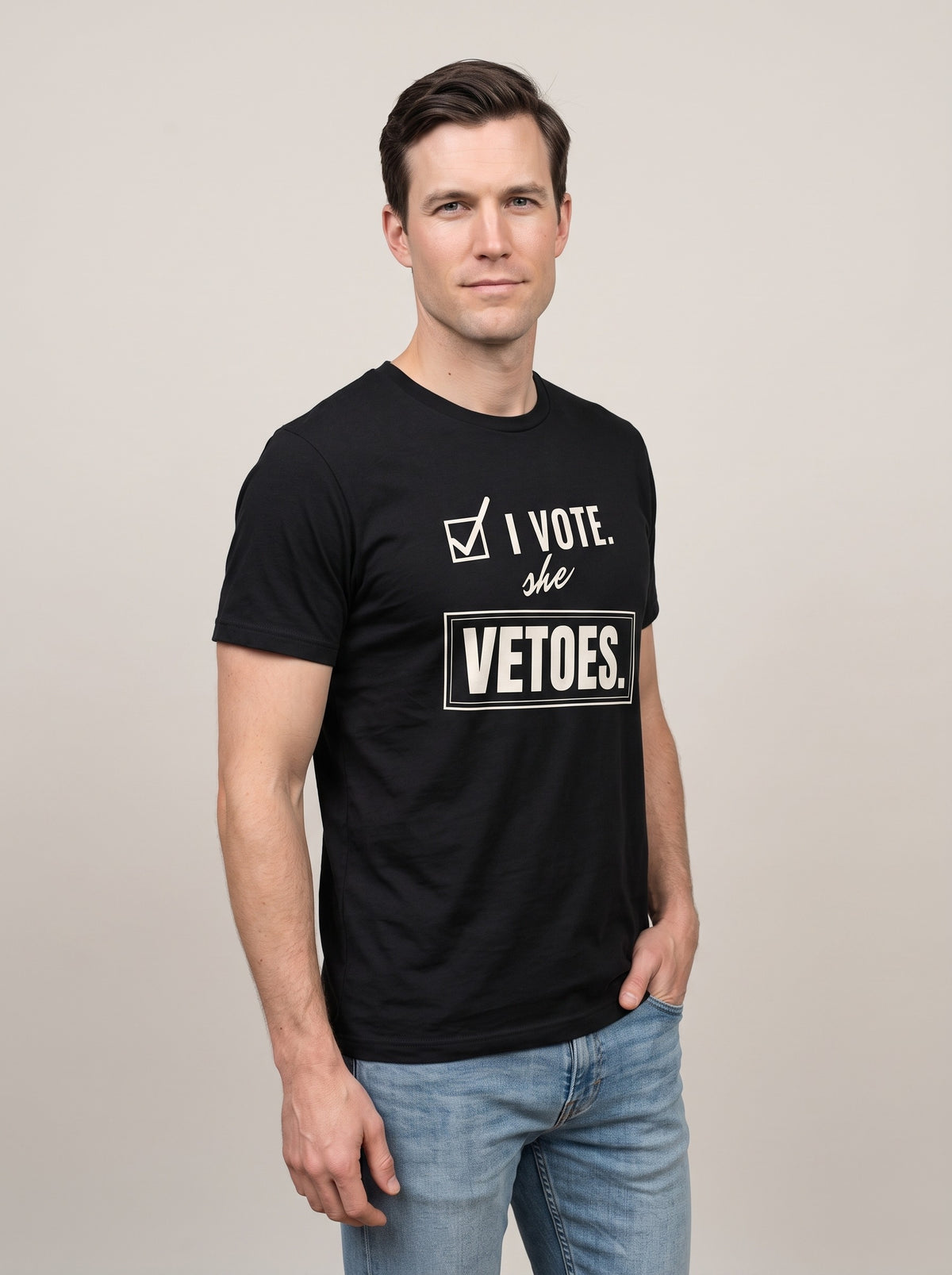 I Vote. She Vetoes. tee in Black — three-quarter view [kk-studio]