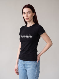 Not Vanilla tee in Black — three-quarter view [kk-studio]