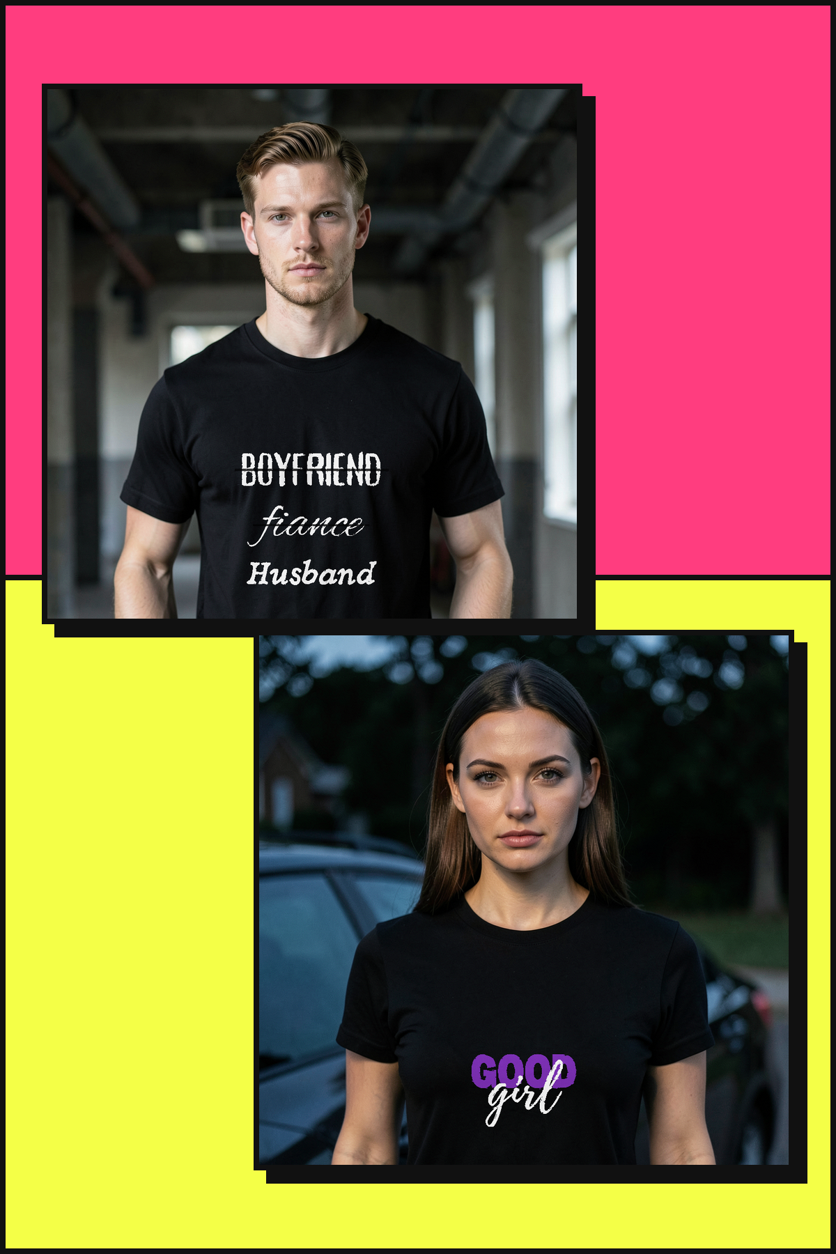 KinkKart his and hers tees: Boyfriend Fiance Husband and Good Girl